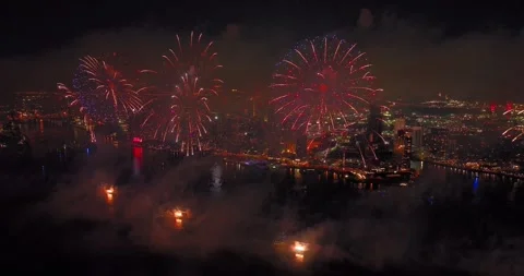 Aerial Video of NYC's 4th of July Fireworks Over the East River Stock Footage 245366607