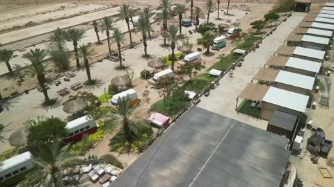 Aerial video over the accommodation area in the Dead Sea Stock Footage 277491348