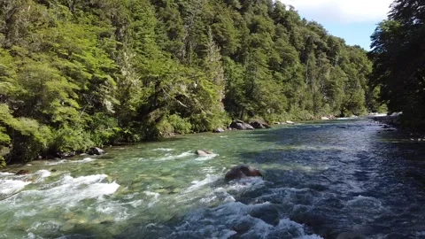 Aerial video over blue river , clear water green trees and grey stones rio azul Stock Footage 147977853