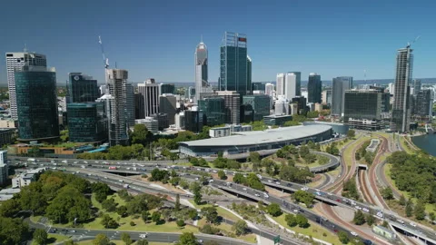 Aerial video of Perth city and highway traffic in Australia Stock Footage 234675391
