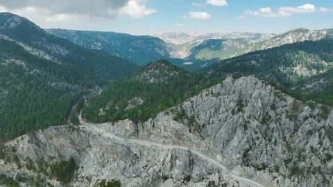 Aerial Video of Rugged Rocky Cliffs and Green Forest Stock Footage 330658642