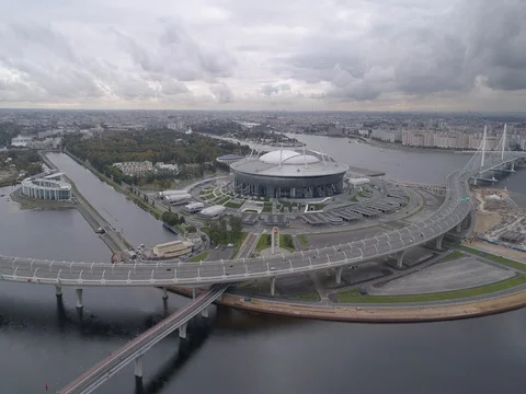 Aerial video of Saint Petersburg stadium, also called Zenit Arena Stock Footage