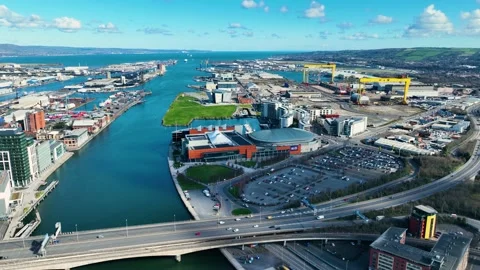Aerial video of Samson and Goliath Cranes at Harland and Wolff Shipyard Dock Stock Footage 236765433