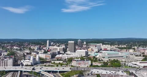 Aerial video of several, many, parallel railroad tracks in a rail yard. Stock-Footage 317843488