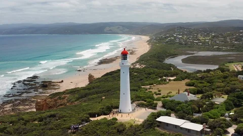 Aerial video of Split Point Lightouse along the Great Ocean Road Stock Footage 100577623