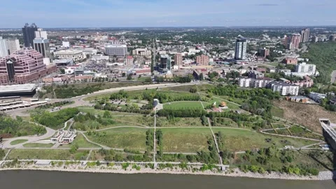 Aerial video view, flying left, along Edmonton Downtown skyline Stock Footage 285980865