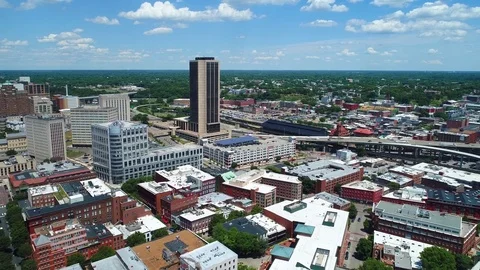 Aerial video Virginia Department of Education buidling downtown Richmond 4k Stock Footage