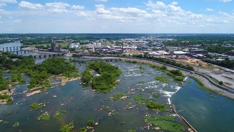 Aerial video water flowing in the James River Richmond VA Stock Footage