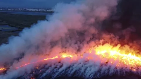Aerial video of wild fire in spring. dry grass burning. large smoke clouds and Stock Footage 274157443