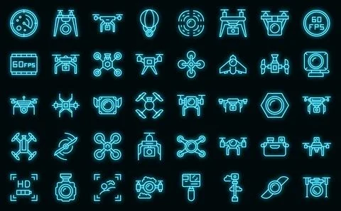 Aerial videography icons set vector neon Stock Illustration