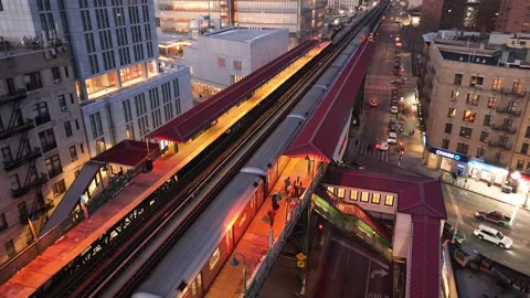 Aerial view of the 1 train in Harlem Stock Footage 296775242