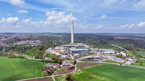 Aerial view of the 246 meter high TK elevator test tower from ThyssenKrupp AG, Stock Footage 334894987