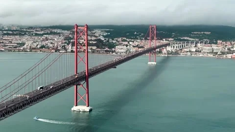 Aerial View of 25 de Abril Bridge in Lisbon   Stock-Footage 258774281