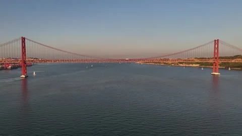 Aerial View of 25th of April Bridge in Lisbon, Portugal Stock Footage 278670333
