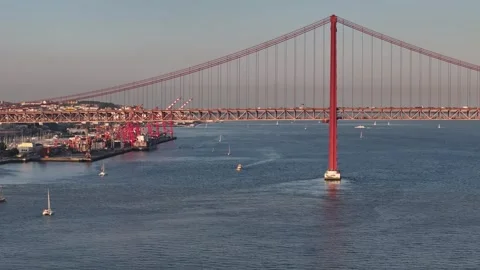 Aerial View of 25th of April Bridge in Lisbon, Portugal Stock Footage 278670334