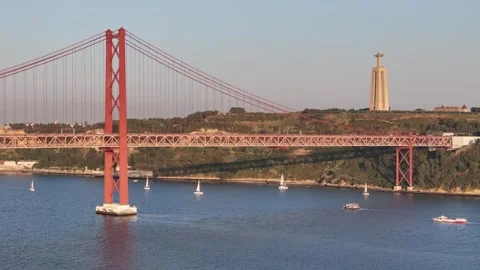Aerial View of 25th of April Bridge in Lisbon, Portugal Stock Footage 278670353