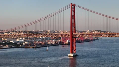 Aerial View of 25th of April Bridge in Lisbon, Portugal Stock Footage 278670357