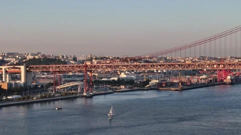 Aerial View of 25th of April Bridge in Lisbon, Portugal Stock Footage 278670404