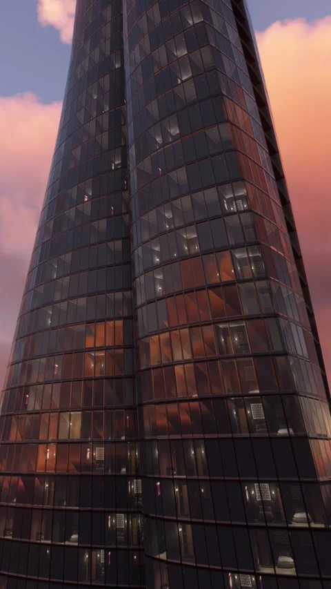 Aerial view of a 3D animation of a skyscraper at sunset Stock-Footage 283142417