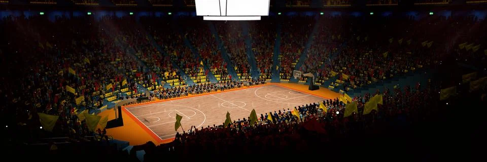 Aerial view. 3D model of empty basketball arena, court, playground in spotlights Stock Illustration