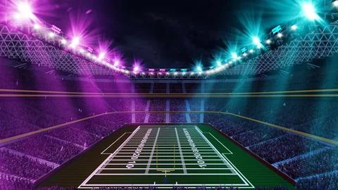 Aerial view of 3D render American football stadium with blurred tribunes with Stock Illustration