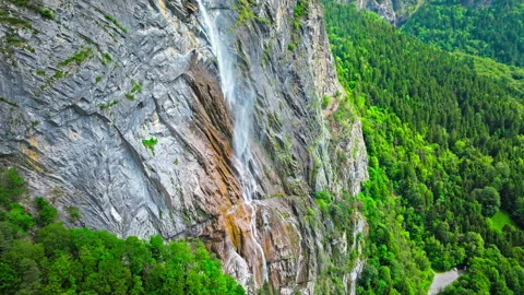 Aerial view of The 3rd highest waterfall in France. Cascade de l'Arpenaz. Stock Footage 274306591