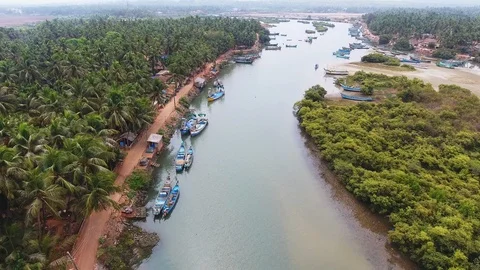 Aerial view 4k drone flight over the river and fishing boats 스톡 동영상 107813196