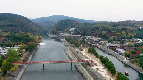 Aerial view 4k by drone of river in Uji City, Kyoto. Stock Footage 121353025