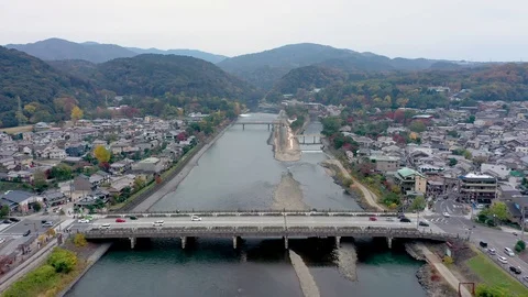 Aerial view 4k by drone of river in Uji City, Kyoto. Stock Footage 121358742