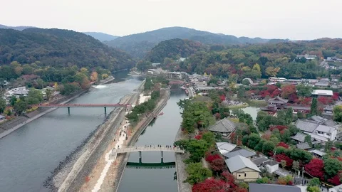 Aerial view 4k by drone of river in Uji City, Kyoto. Stock Footage 121362583