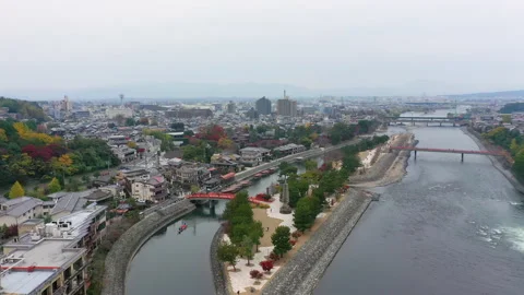 Aerial view 4k by drone of river in Uji City, Kyoto, Japan. Stock Footage 239977479