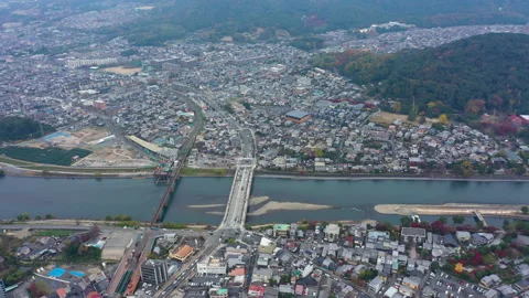 Aerial view 4k by drone of river in Uji City, Kyoto, Japan. Stock Footage 239979998