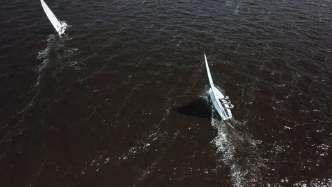 Aerial View 4K - E Scow Sailboats Racing Upwind (BBYRA SS11) Stock Footage 113143393