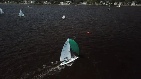 Aerial View 4K - E Scow Sailboat Race (BBYRA BH21) - Follow Stock Footage 113144888
