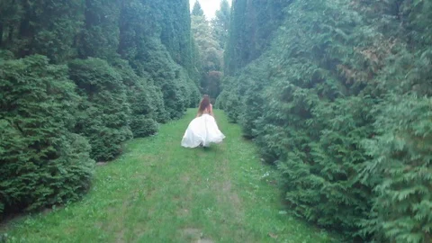 Aerial view. 4k. Fly over woman in white long dress running among tall green Vídeo Stock 101788909