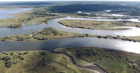 Aerial view .4K flying over the meandering river Stock Footage 73335691