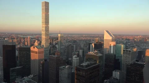 Aerial view (4K) of Manhattan, New York, looking north towards Central Park. Stock Footage