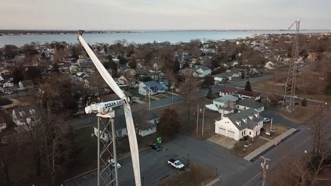 Aerial View 4K - Ocean Gate Broken Wind Turbine - Right Movement Stock Footage 125839733