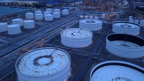 Aerial view 4K of oil refineries plants, gas tank, oil tank storage in industria Stock Footage 116783053