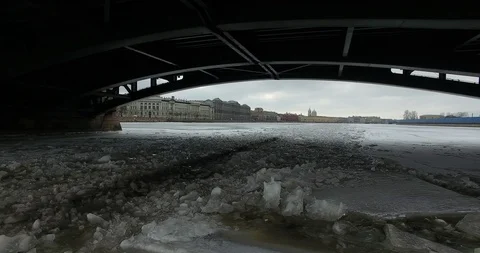 Aerial view. 4K OLD BRIDGE PETERSBURG. Flying on a quadcopter. Winter Video stock 103645983