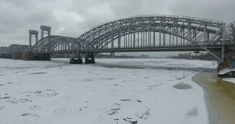 Aerial view. 4K OLD BRIDGE PETERSBURG. Flying on a quadcopter. Winter Video stock 103649983