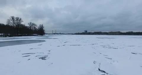 Aerial view. 4K OLD BRIDGE PETERSBURG. Flying on a quadcopter. Winter Video stock 103658017
