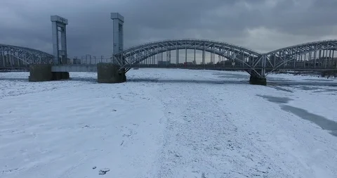 Aerial view. 4K OLD BRIDGE PETERSBURG. Flying on a quadcopter. Winter Video stock 103662378