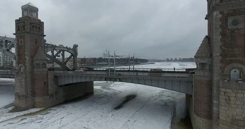 Aerial view. 4K OLD BRIDGE PETERSBURG. Flying on a quadcopter. Winter Video stock 103662826