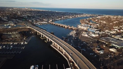 Aerial View 4K - Shark River Route 35 Bridge in Neptune, High Altitude Approach Stock Footage