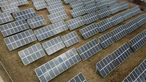Aerial View 4K - Solar Panel Farm - Left Movement CW Rotate Stock Footage 124448005