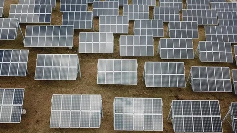 Aerial View 4K - Solar Panel Farm - Forward Movement Straight Angle Stock Footage 124448209
