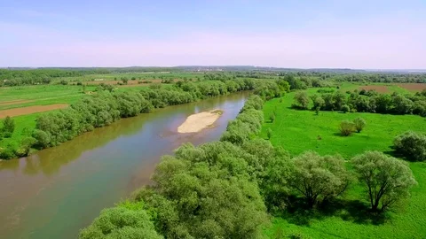 Aerial View 4k. Take-off. Flying over the beautiful River. Aerial camera shot Stock Footage 77050841