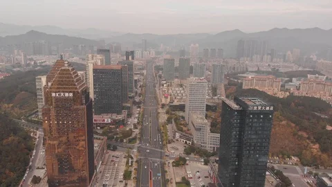 Aerial view in 4K of Tonglu in Hangzhou. Skyscrapers and modern buildings view Stock Footage
