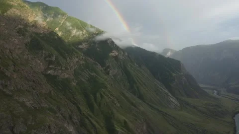 Aerial View 4k Tranquility and Relaxation Rainbow above of the Pine Forest Video stock 247355670